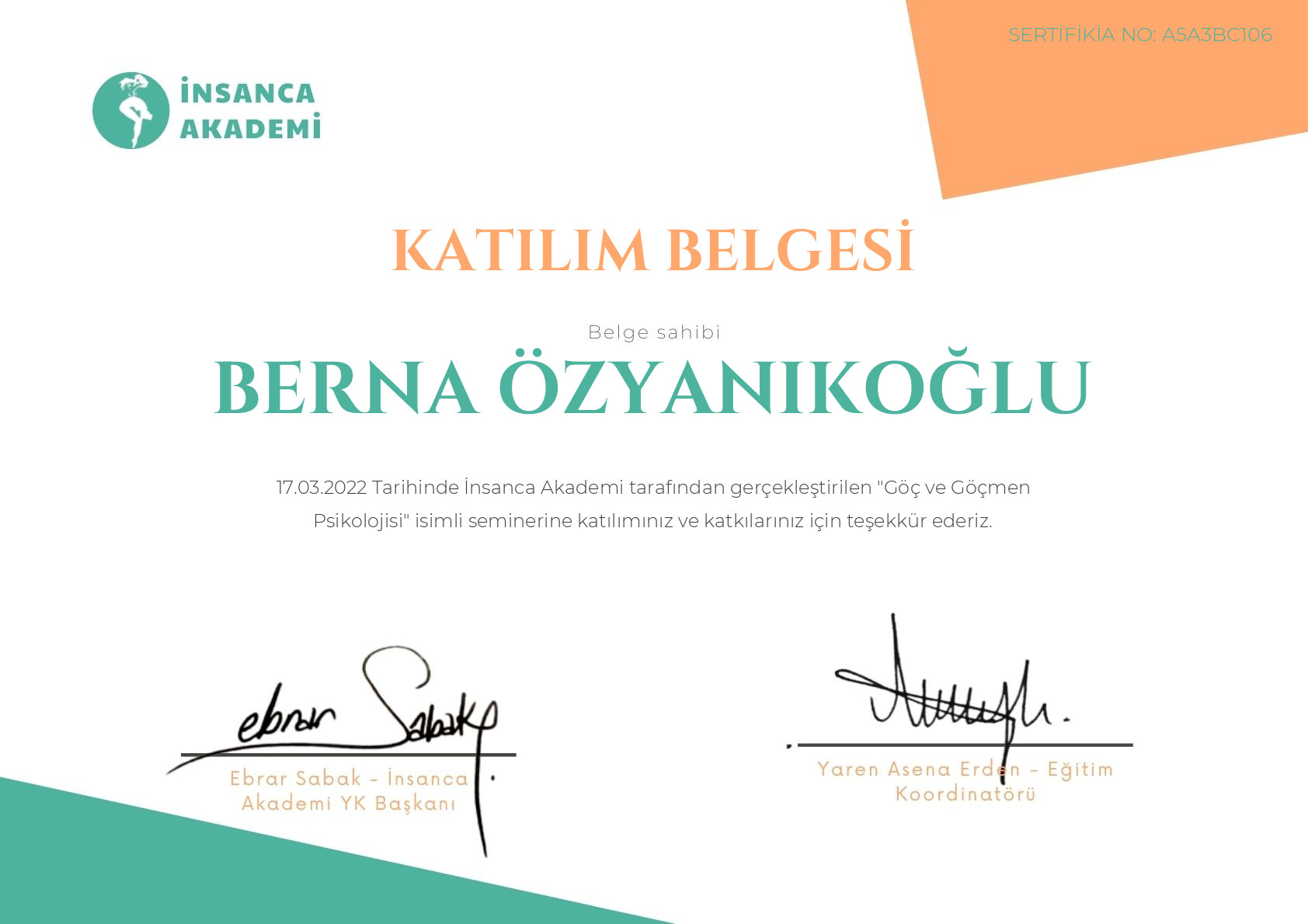 #A5A3BC106 BERNA ÖZYANIKOĞLU - Göç ve Göçmen Psikolojisi
